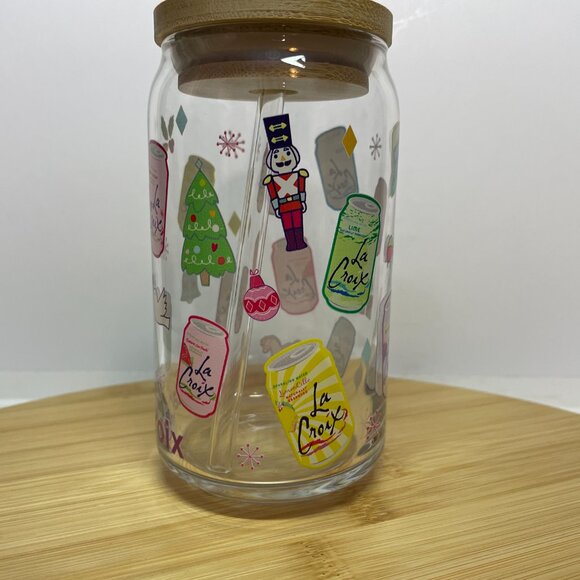 La Croix Holiday Christmas Water Drink Glass Wood Lid Glass Straw Promo - Picture 3 of 6